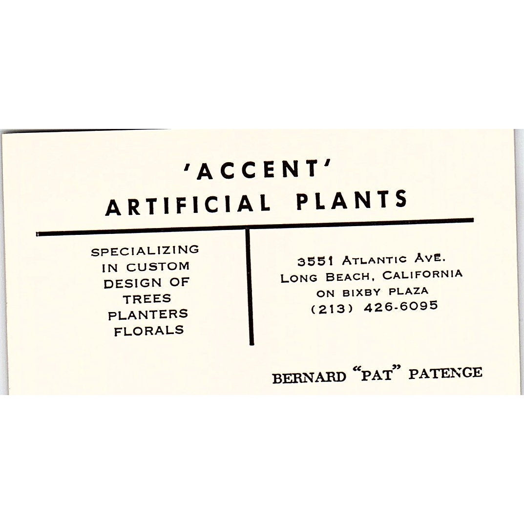 Accent Artificial Plants Bernard pat patence Long Beach CA Business Card SF3-B8