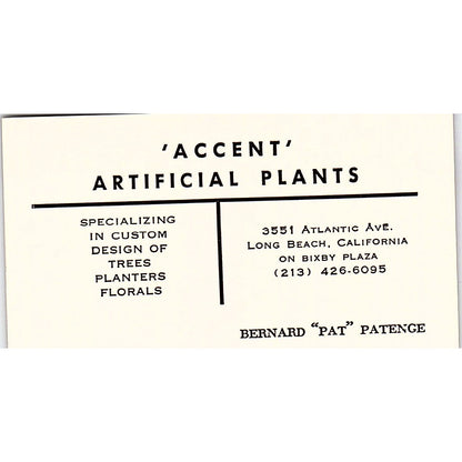 Accent Artificial Plants Bernard pat patence Long Beach CA Business Card SF3-B8