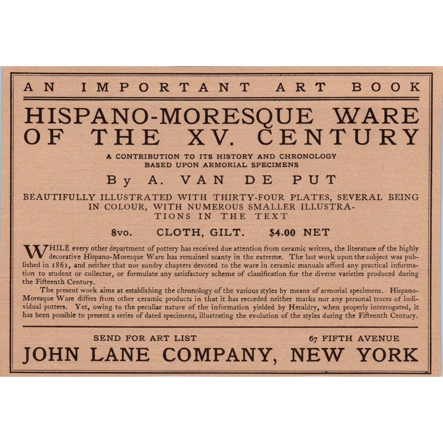 Hispano-Moresque Ware Book Ad A. Van De Put c1905 Victorian Ad AE9-MA3