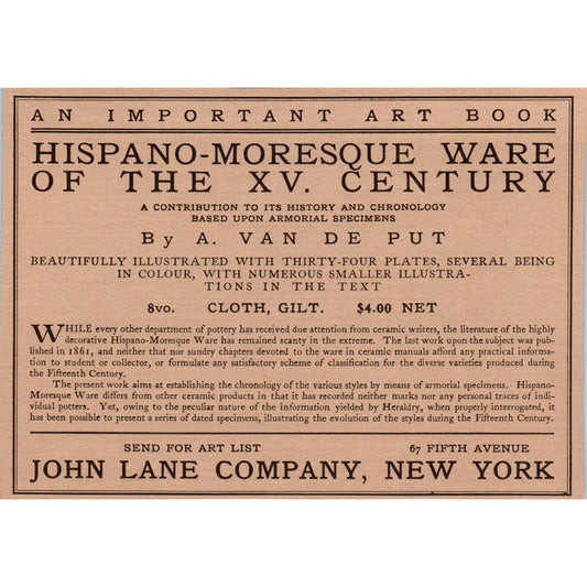 Hispano-Moresque Ware Book Ad A. Van De Put c1905 Victorian Ad AE9-MA3