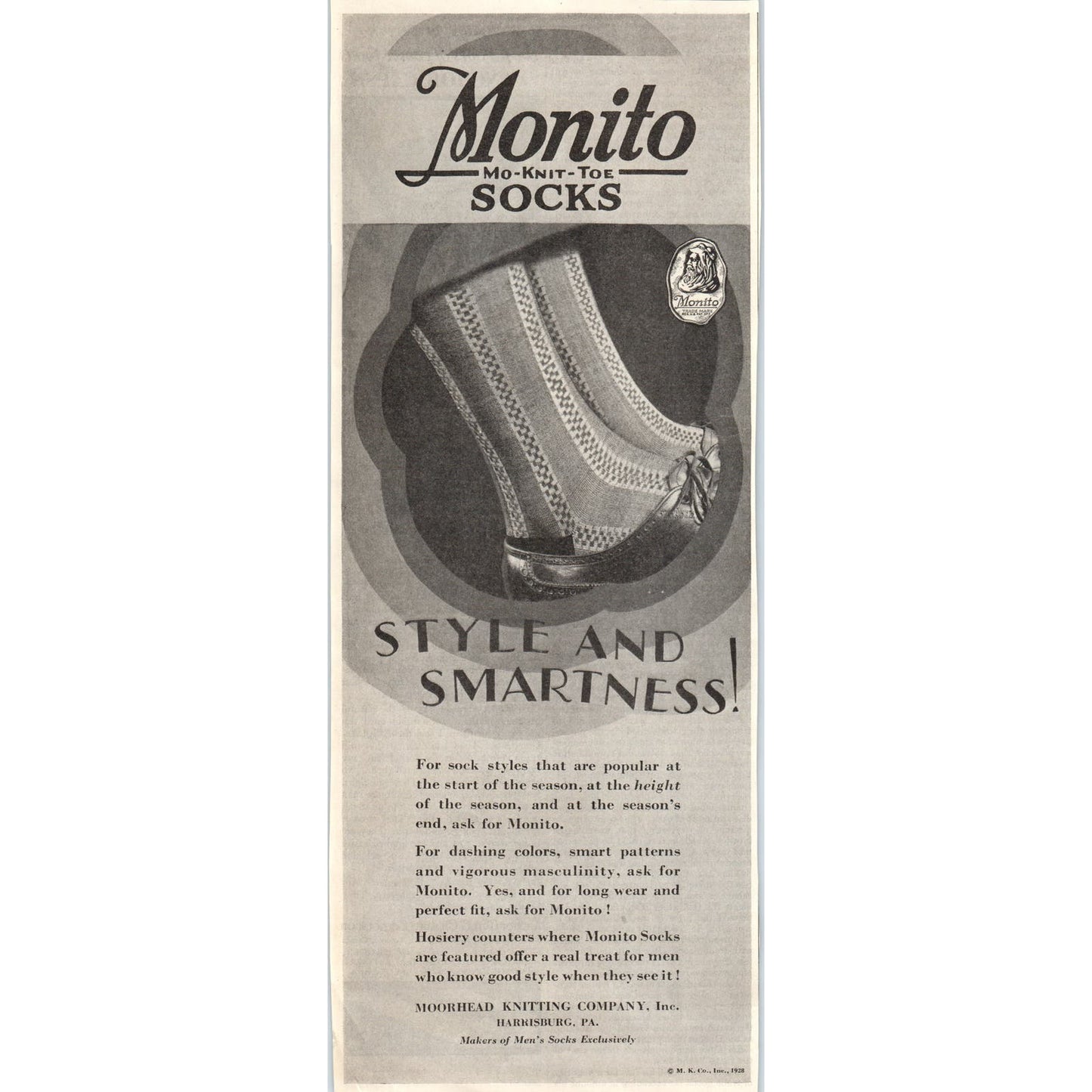 Monito Socks Moorhead Knitting Co Harrisburg 1928 Original Advertisement FL6-8