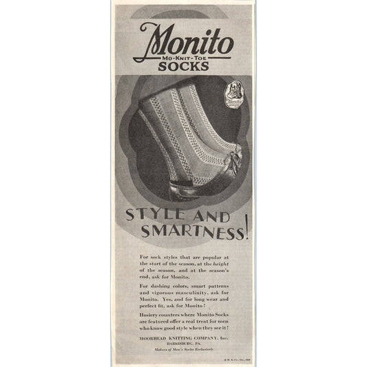 Monito Socks Moorhead Knitting Co Harrisburg 1928 Original Advertisement FL6-8