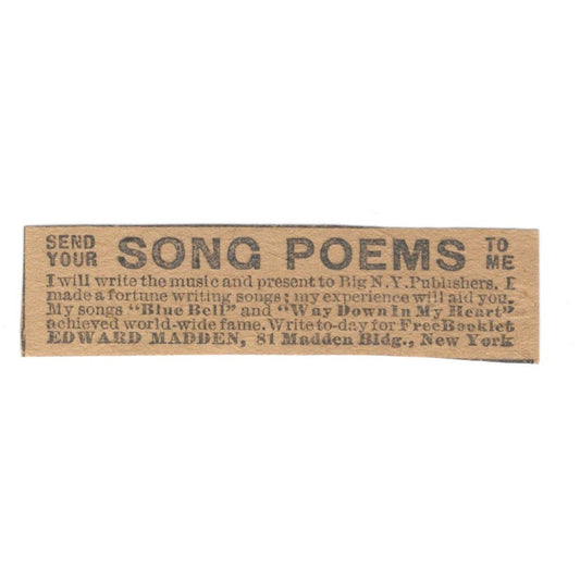 Edward Madden - Send Your Song Poems to Me - New York 1906 Original Ad AK6-S10