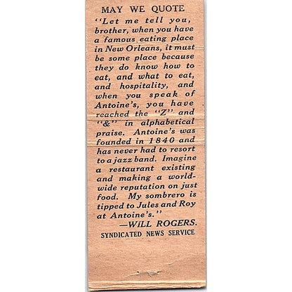 Roy L. Alciatore Antoines Restaurant New Orleans Vintage Matchbook Cover SF3-Y4