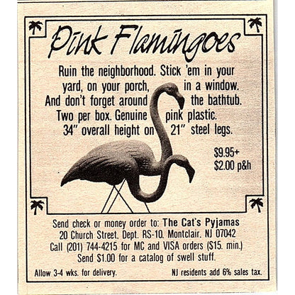 The Cat's Pyjamas Novelty Pink Flamingoes Montclair NJ 1984 Ad AF8-M4
