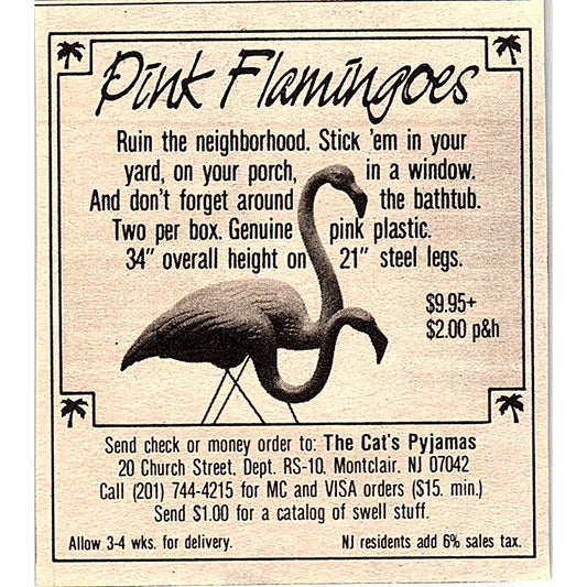 The Cat's Pyjamas Novelty Pink Flamingoes Montclair NJ 1984 Ad AF8-M4