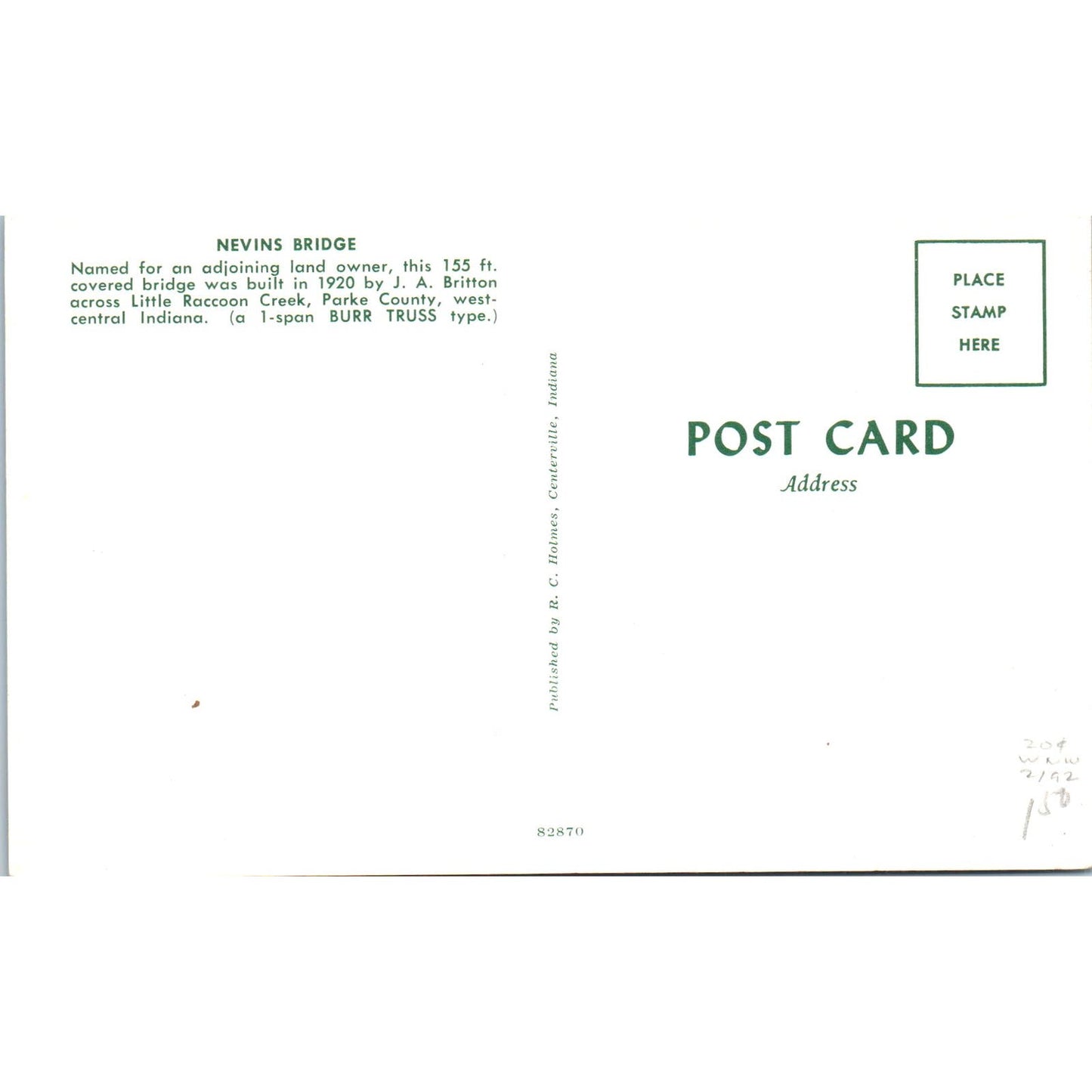 Nevins Bridge Little Raccoon Creek Parke County IN Covered Bridge Postcard PC8