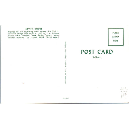 Nevins Bridge Little Raccoon Creek Parke County IN Covered Bridge Postcard PC8