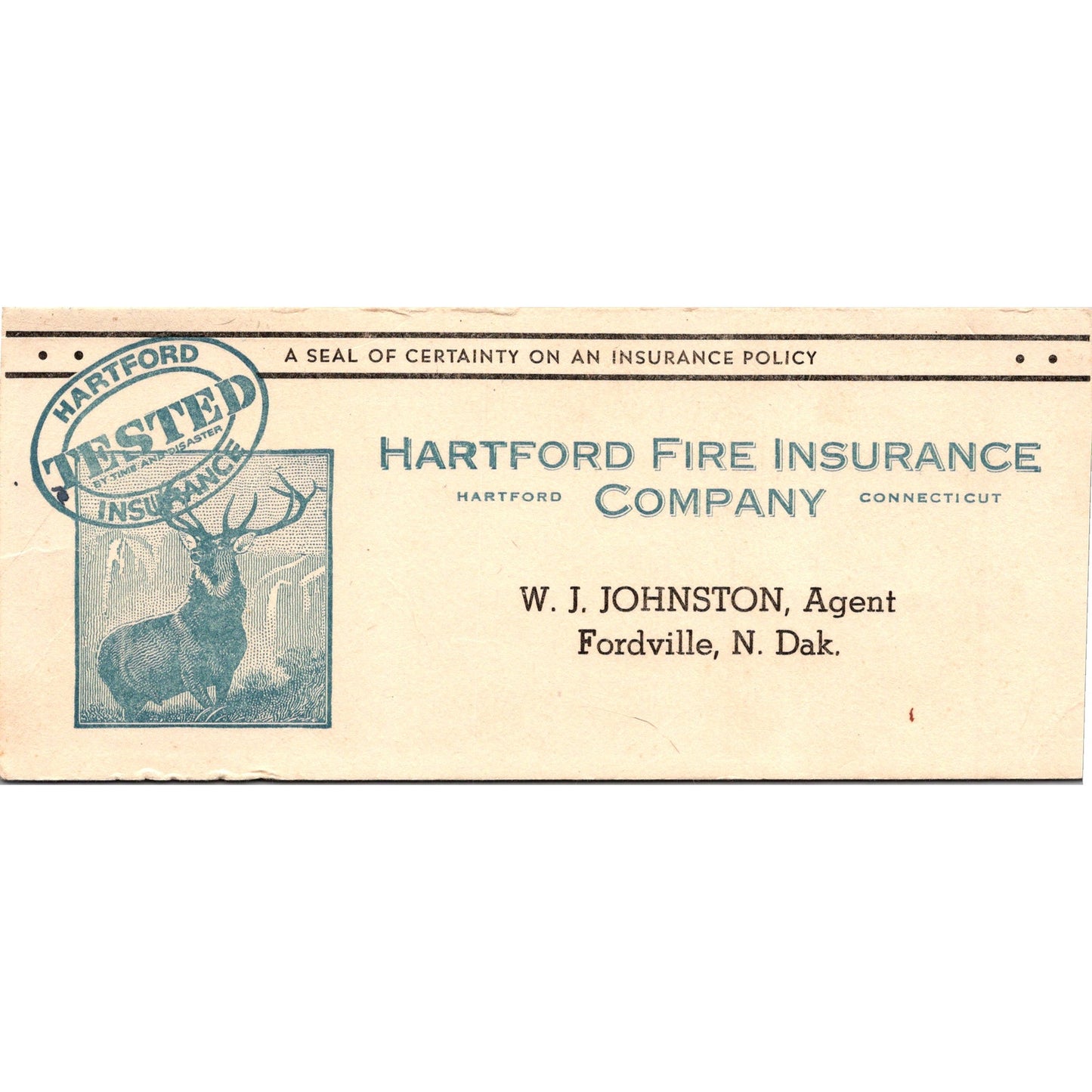 W. J. Johnston Hartford Fire Ins Fordville ND Antique Blotter Card AJ5-H5