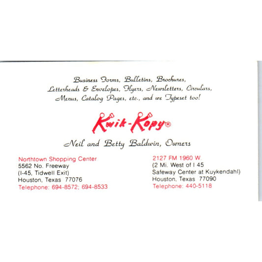Neil & Betty Baldwin Kwik-Kopy Houston TX Vintage Business Card SD4-B3