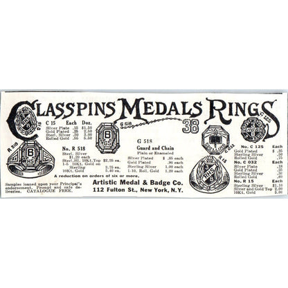 Artistic Medal & Badge Co NY Class Pins Rings Magazine Advertisement AE4-I1
