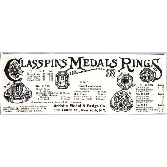 Artistic Medal & Badge Co NY Class Pins Rings Magazine Advertisement AE4-I1