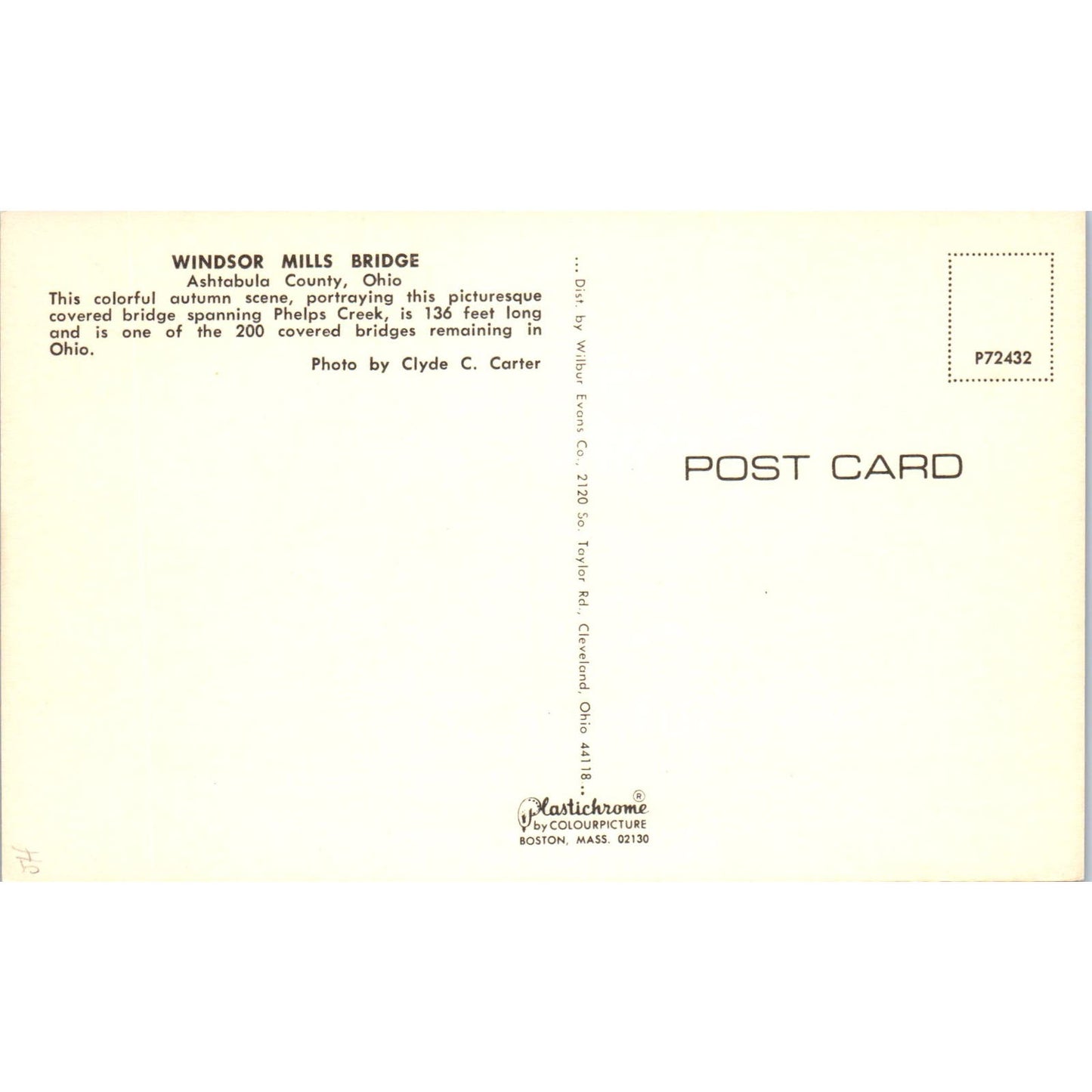 Windsor Mills Bridge Ashtabula County Ohio Covered Bridge Postcard PB10