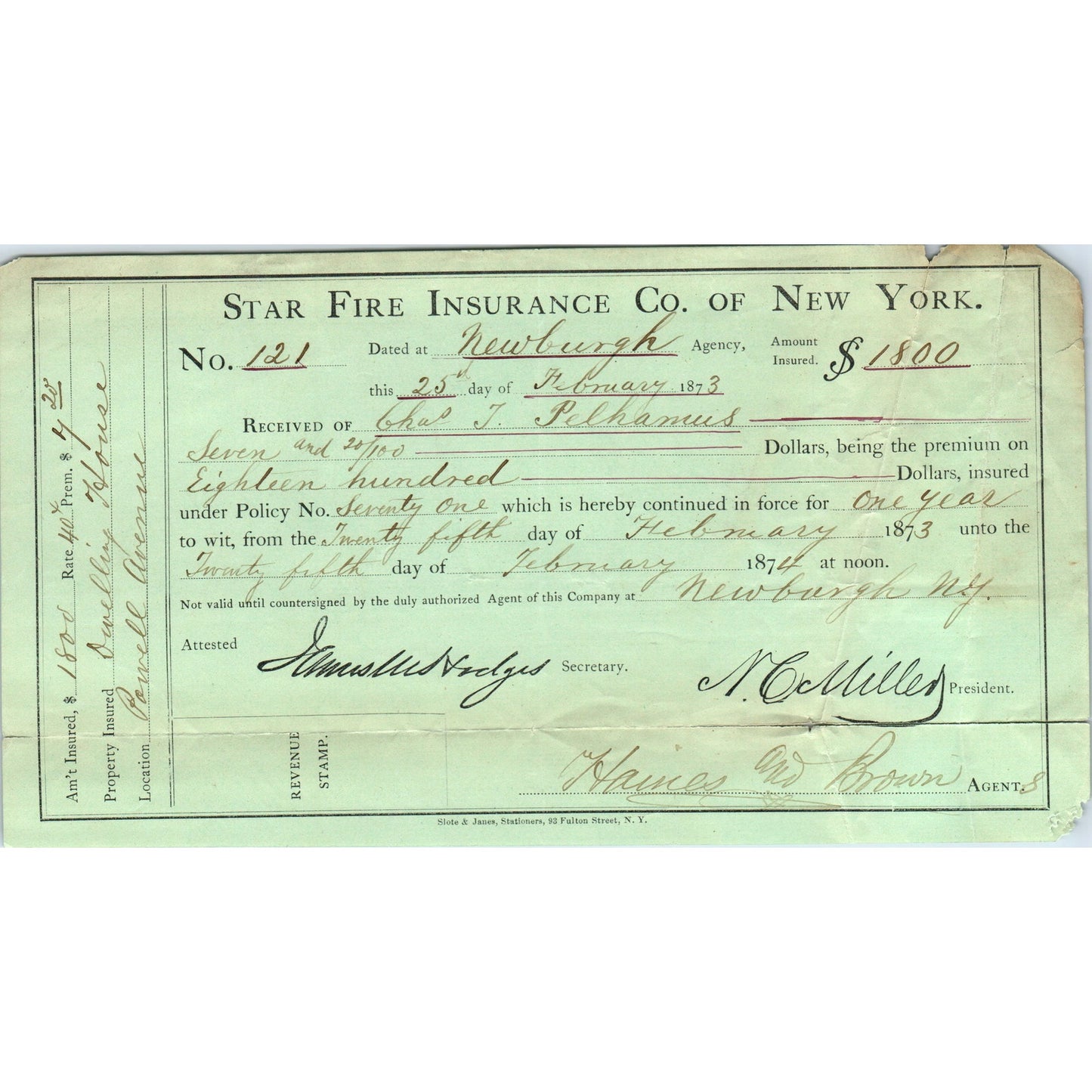 1873 Star Fire Ins Co of NY Letterhead Receipt Newburgh Chas J Pelhamus AF2-A3