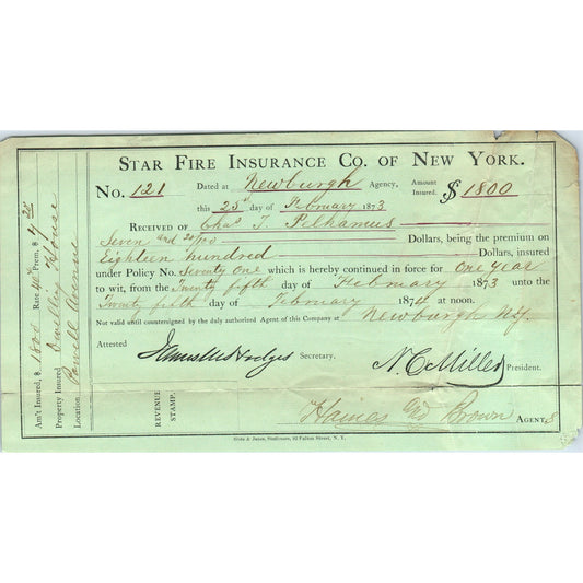 1873 Star Fire Ins Co of NY Letterhead Receipt Newburgh Chas J Pelhamus AF2-A3