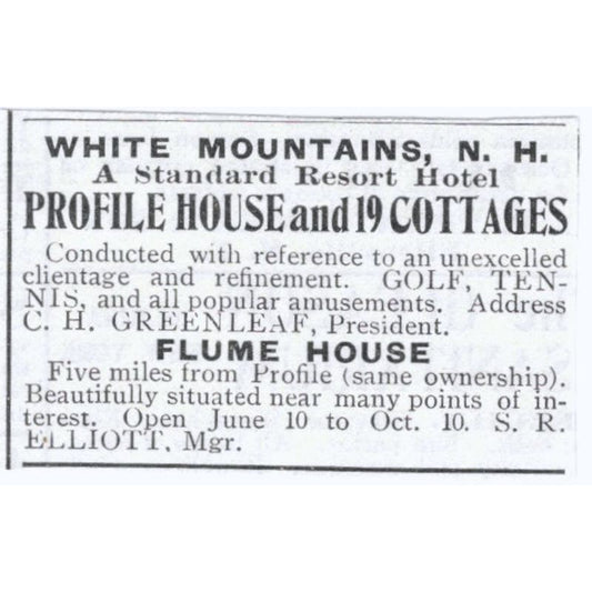 Flume House White Mountains NH S.R. Elliott c1918 Original Advertisement AE5-SV3