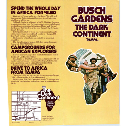 1980s Busch Gardens The Dark Continent Tampa FL Fold Out Travel Brochure TF4-BA