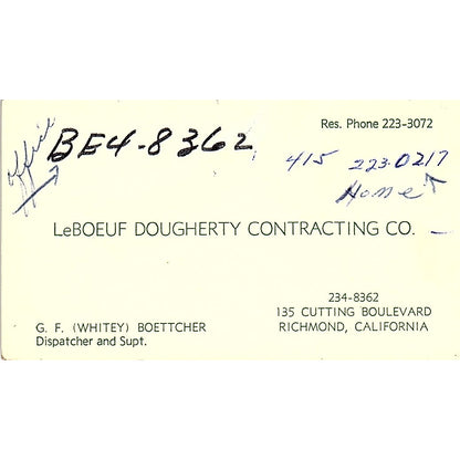 G.F Whitey Boettcher LeBoeuf Dougherty Contracting Richmond Business Card SD9-B3