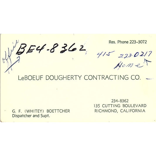 G.F Whitey Boettcher LeBoeuf Dougherty Contracting Richmond Business Card SD9-B3