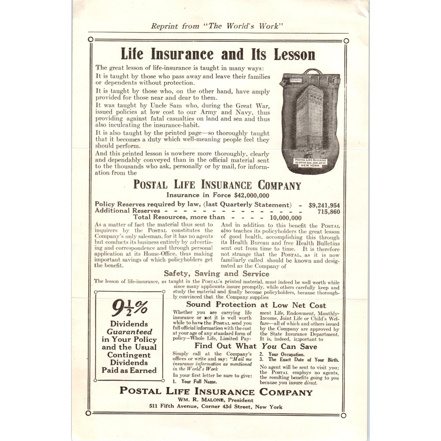 c1930 Postal Life Insurance Company Wm. R. Malone Leaflet AD8-R7