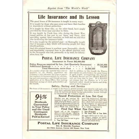 c1930 Postal Life Insurance Company Wm. R. Malone Leaflet AD8-R7