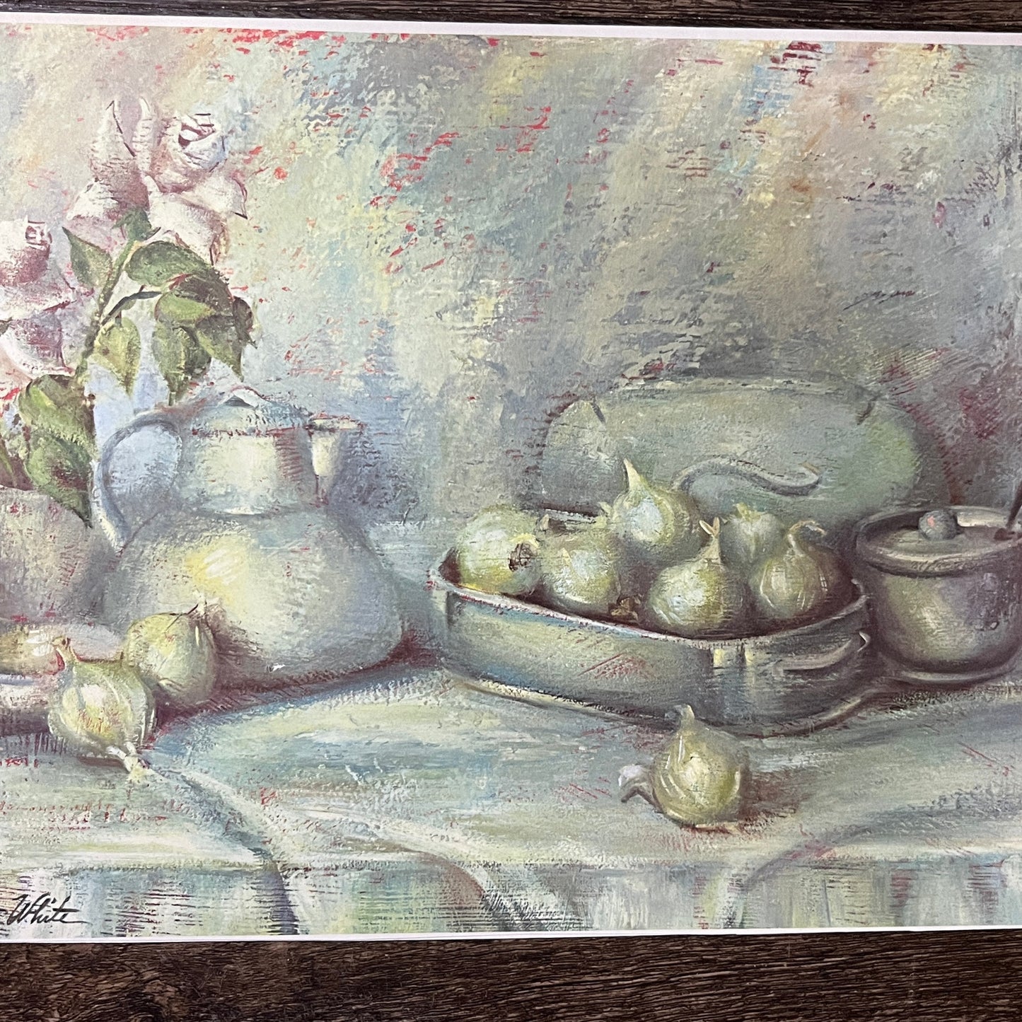 Claretta White Still Life Onions Table Vintage Lithograph Art Print 9x12 V10