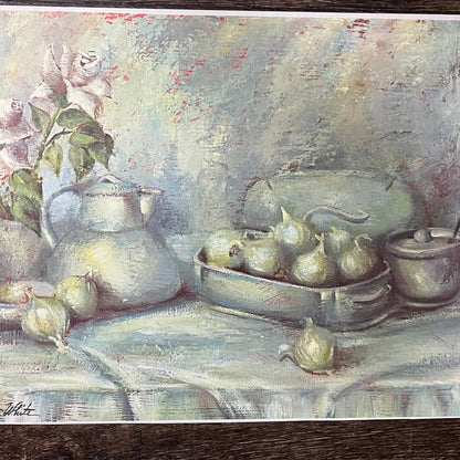 Claretta White Still Life Onions Table Vintage Lithograph Art Print 9x12 V10