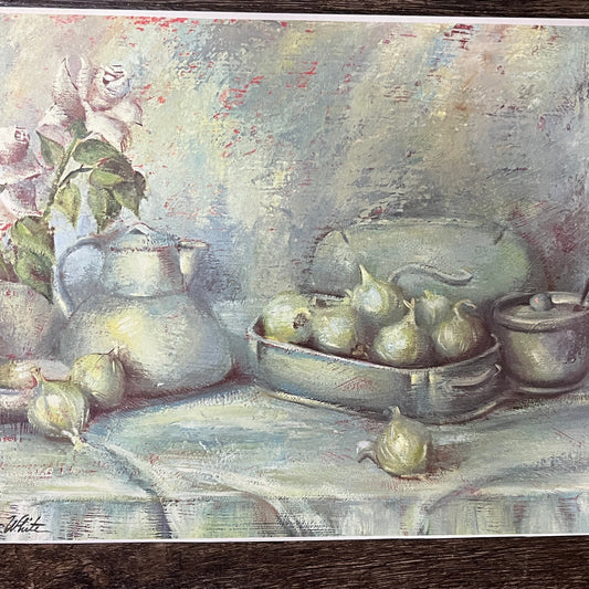 Claretta White Still Life Onions Table Vintage Lithograph Art Print 9x12 V10