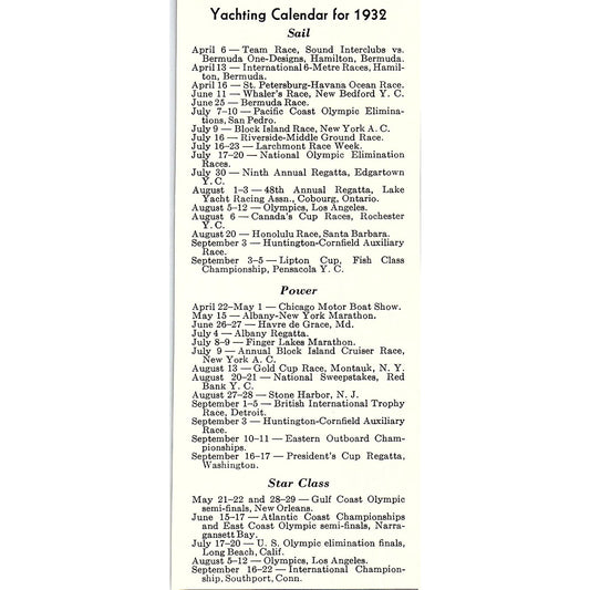 Yachting Calendar for 1932 Sailing Power & Star Class 1932 Ad AG2-7