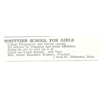 Whittier Girls School Anne Brackett Russell Merrimac c1918 Advertisement AE5-SV1