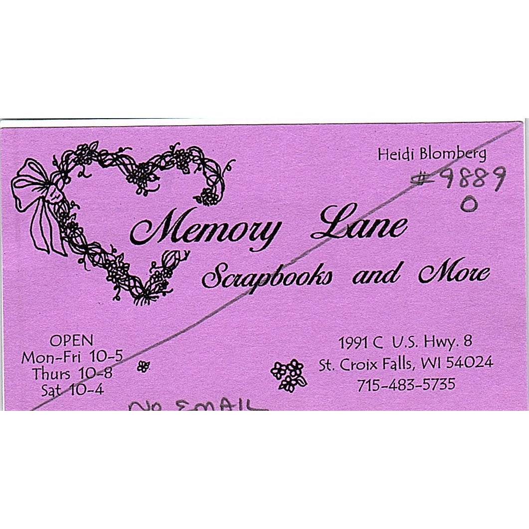 Memory Lane Scrapbooks Heidi Blomberg St Croix Falls WI Business Card SC9-B11