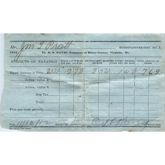 1912 Horsepasture District 1 Tax Stub S.S. Davis Henry County Virginia AF1-RR1