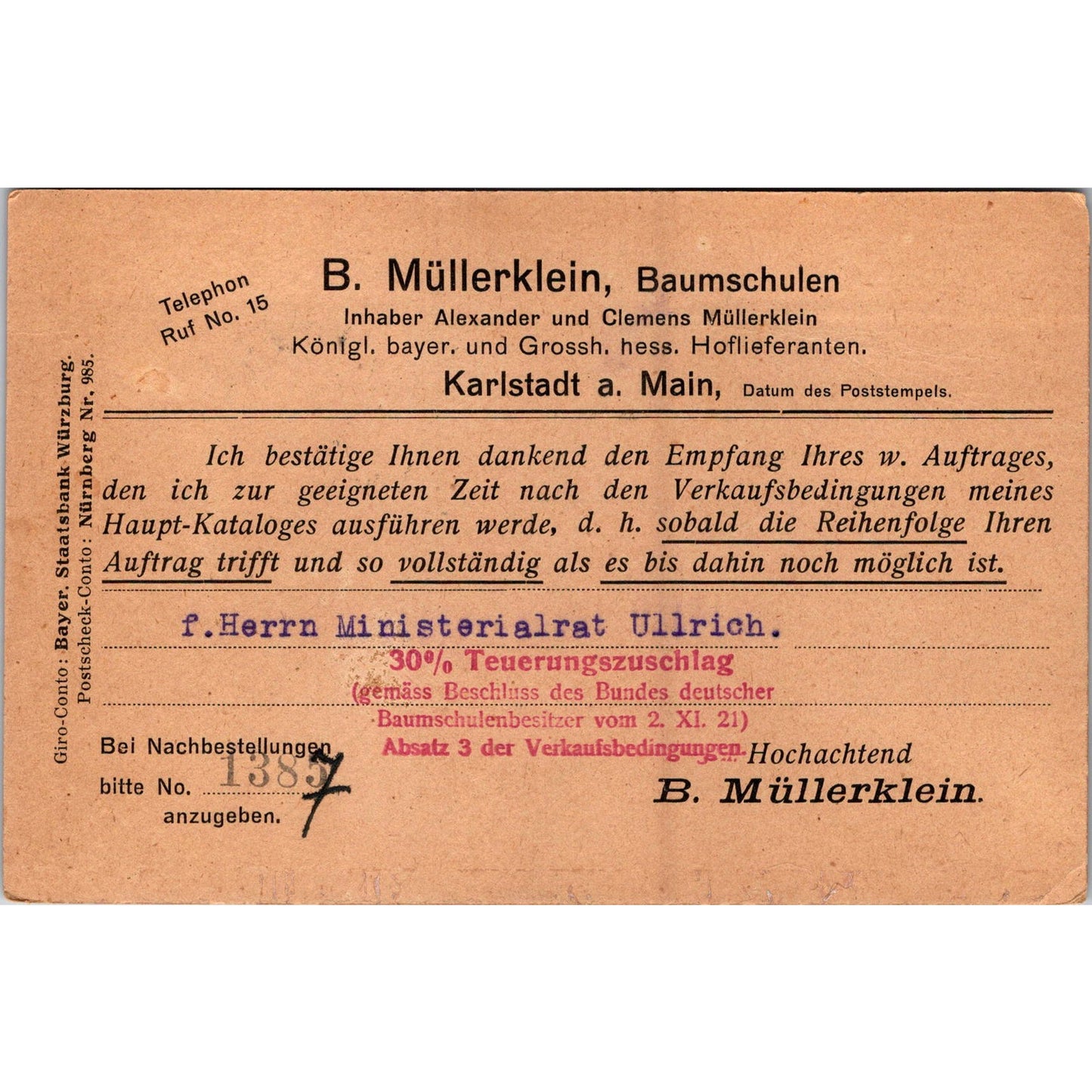 B. Müllerklein Nurseries Karlsruhe Baden 1922 German Reich Postcard TE2-GRP