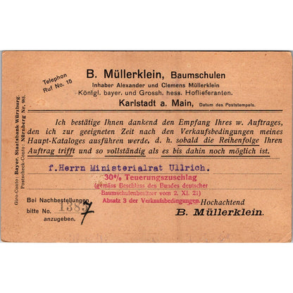 B. Müllerklein Nurseries Karlsruhe Baden 1922 German Reich Postcard TE2-GRP