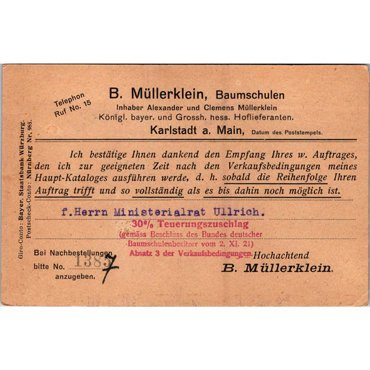 B. Müllerklein Nurseries Karlsruhe Baden 1922 German Reich Postcard TE2-GRP