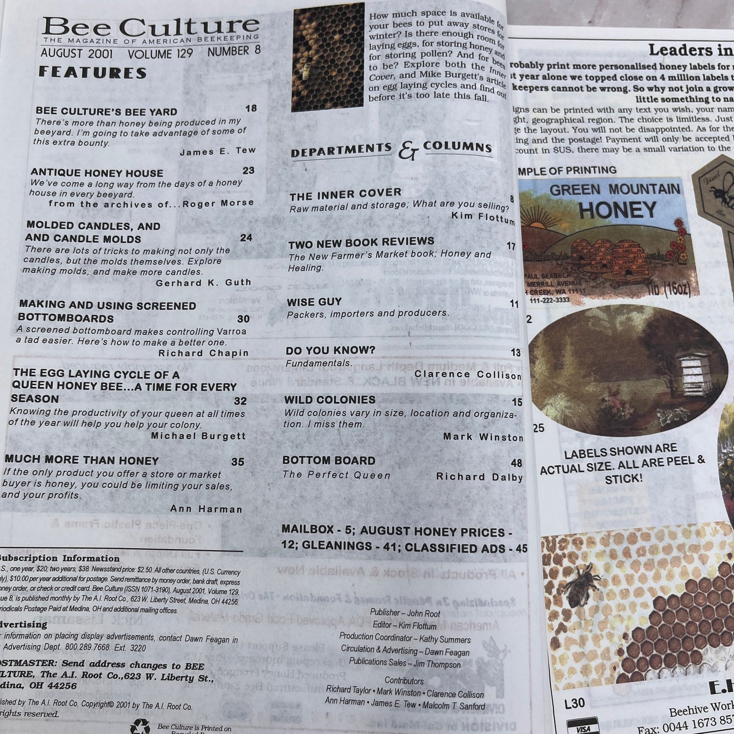 2001 Aug - Gleanings in Bee Culture Magazine - Bees Beekeeping Honey M32