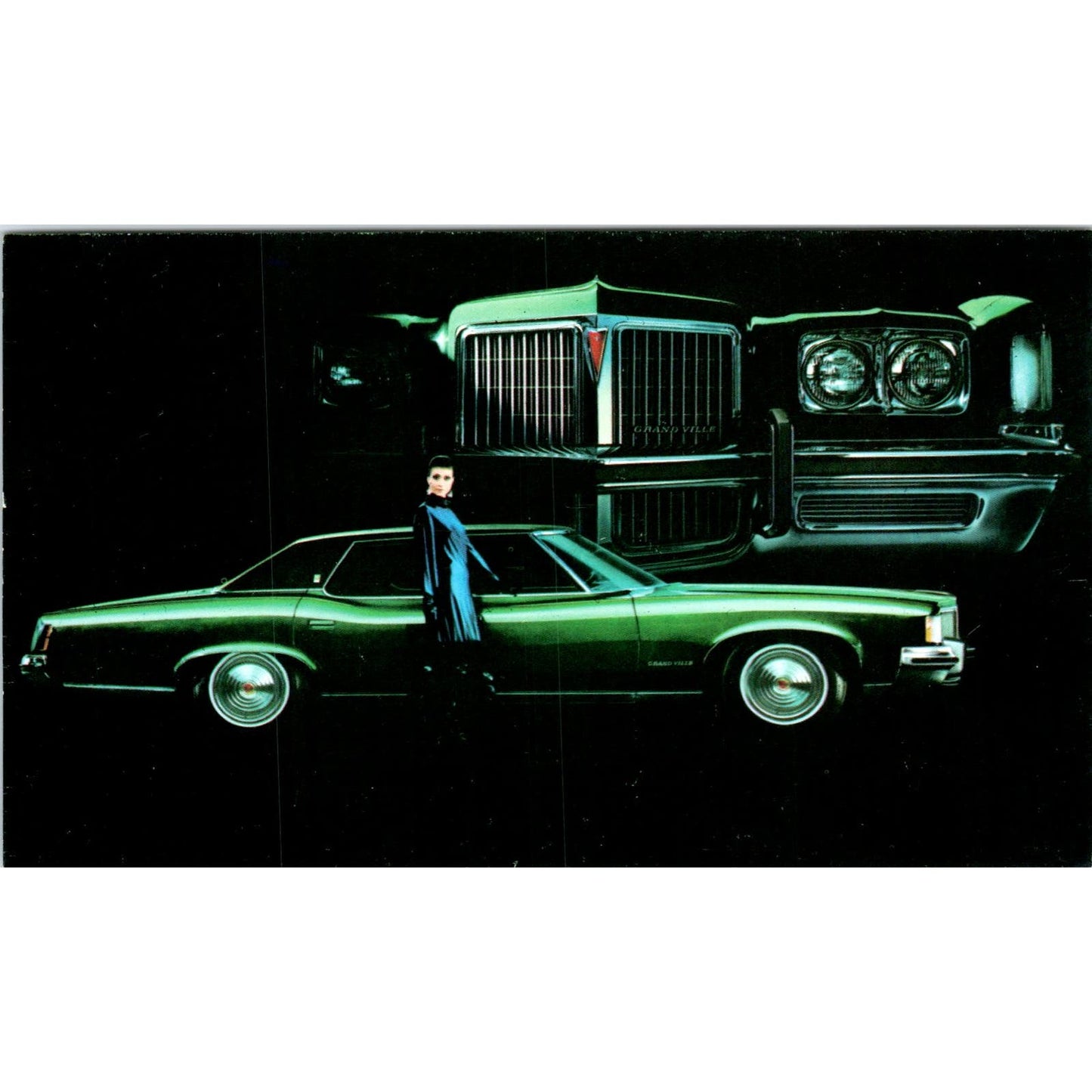 1972 Wide Track Pontiac Grand Ville 4-Door Hardtop Green Vintage Postcard PC12