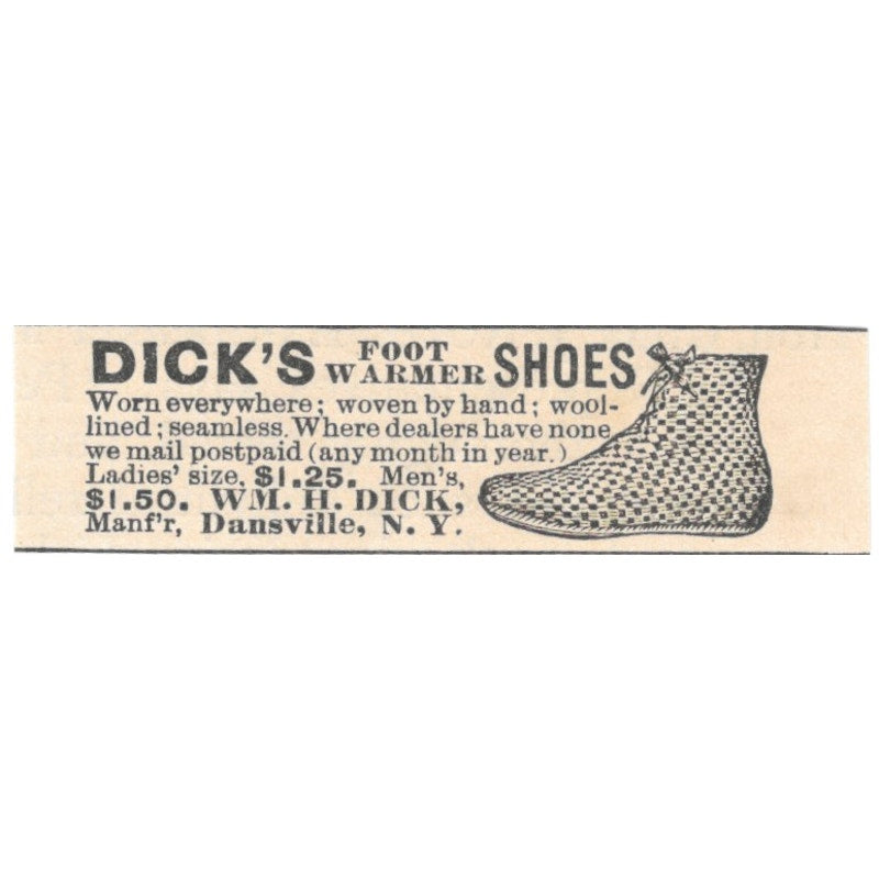 Wm. H. Dick's Foot Warmer Shoes Dansville NY 1892 Magazine Ad AK6-S3