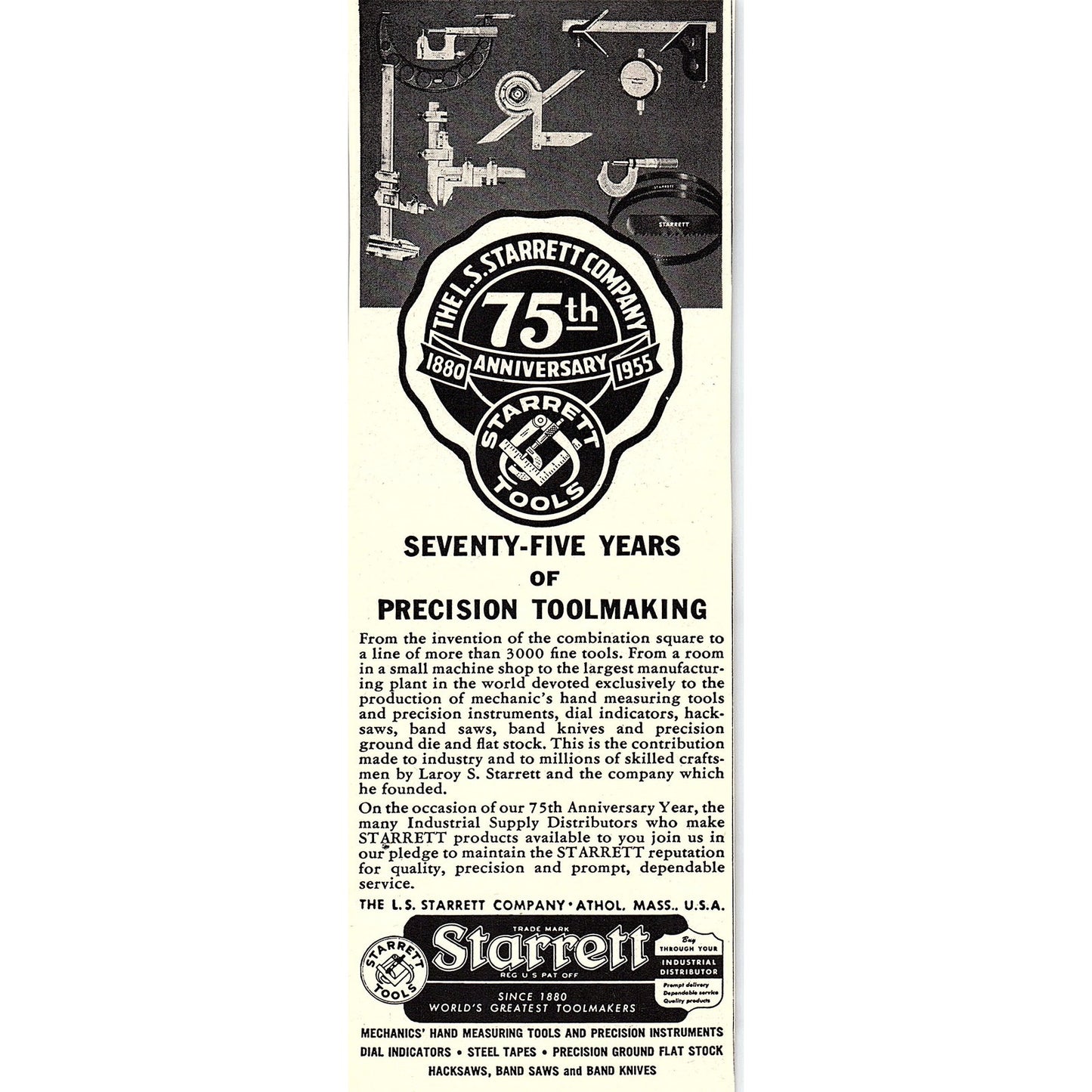 L.S. Starrett Co Precision Toolmaking Athol MA 1955 Ad AG1-7