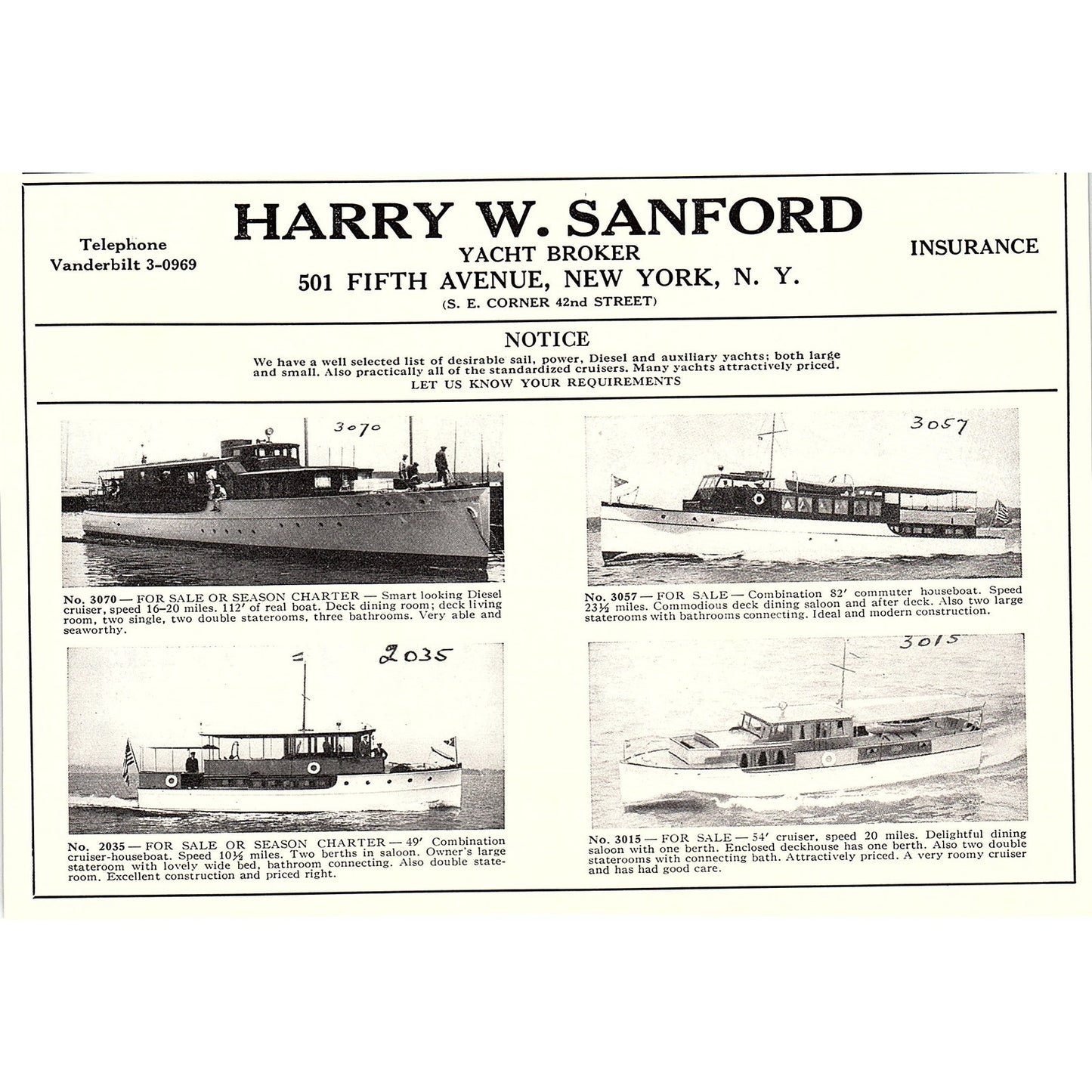 Harry W. Sanford Yacht Broker Fifth Avenue New York 1932 Ad AG2-7