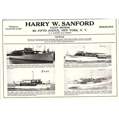 Harry W. Sanford Yacht Broker Fifth Avenue New York 1932 Ad AG2-7