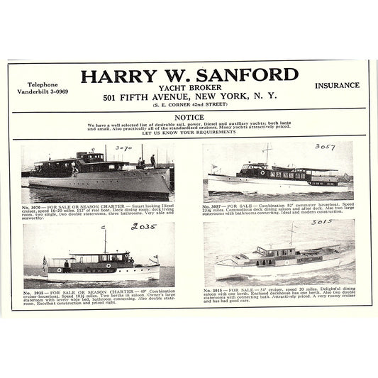 Harry W. Sanford Yacht Broker Fifth Avenue New York 1932 Ad AG2-7