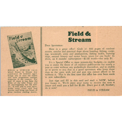 1932 Field and Stream Magazine Postal Mailing Card PE7