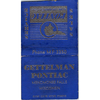 Gettelman Pontiac Menomonee Falls WI Vintage Matchbook Cover SF4-Y7