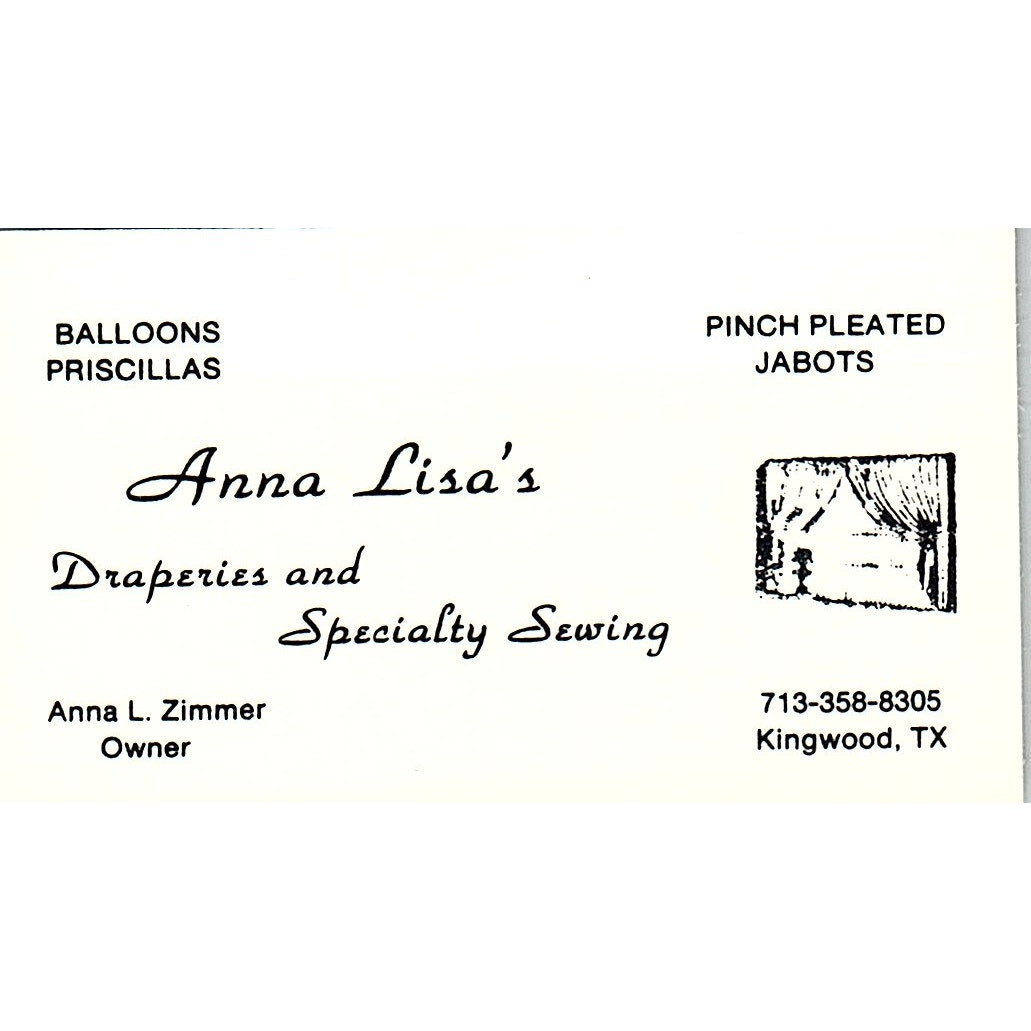 Anna Lisa's Draperies Anna L Zimmer Kingwood TX Vintage Business Card SD9-B14