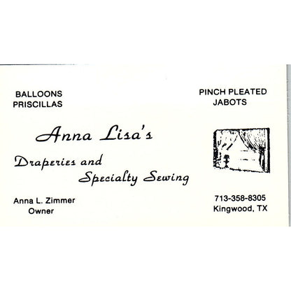 Anna Lisa's Draperies Anna L Zimmer Kingwood TX Vintage Business Card SD9-B14