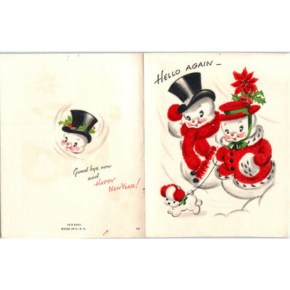 c1950 Flocked Snowman With Puppy Christmas Greeting Card AE2