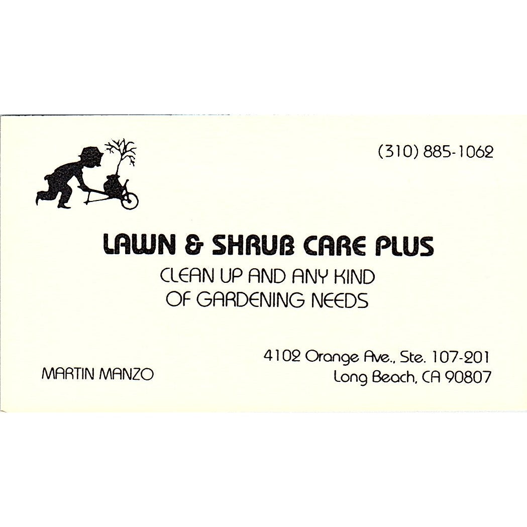 Lawn & Shrub Care Plus Martin Manzo Long Beach Vintage Business Card SC9-B1
