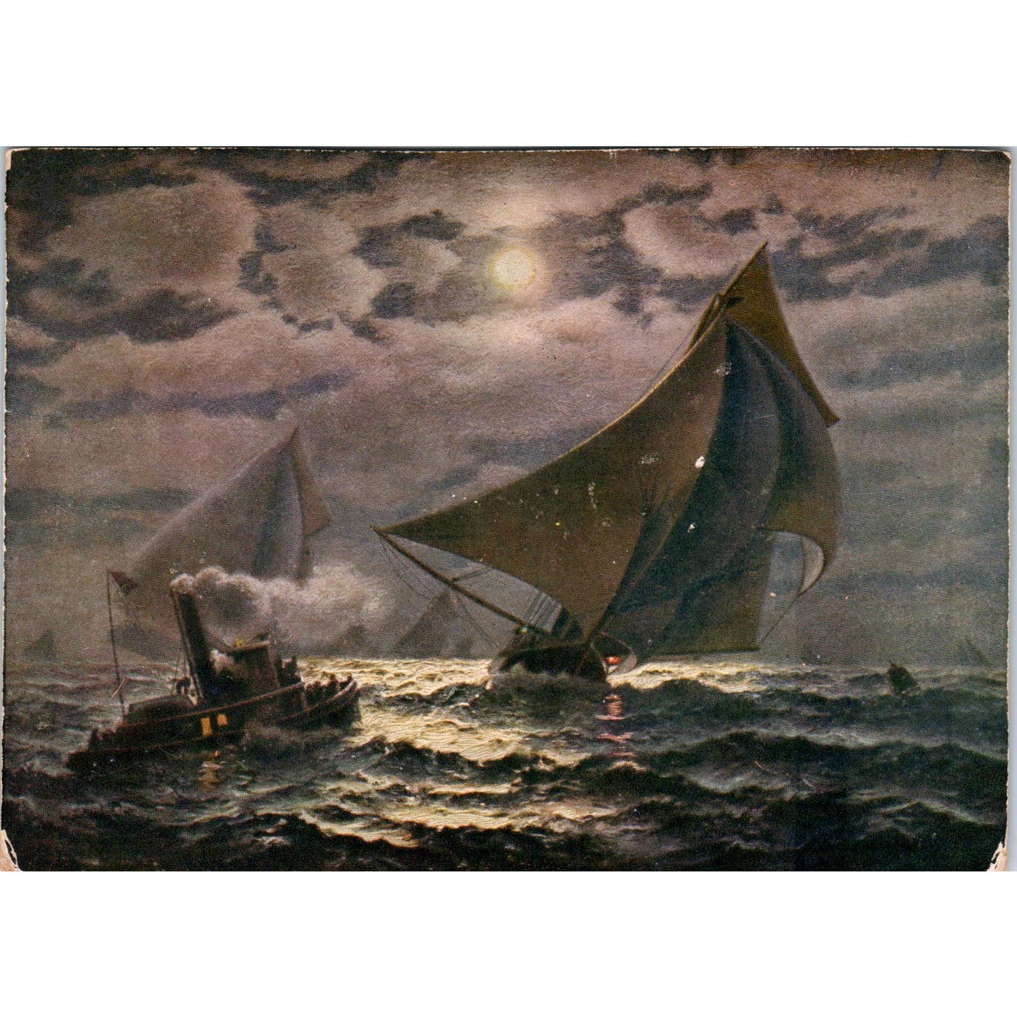 Antique Chromolithograph Night Seascape Sailboats and Tugboat 4x5.5" AE9-X1