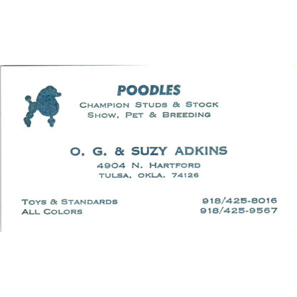 Poodles Studs O.G. & Suzy Adkins Tulsa OK Vintage Business Card SD8-B15